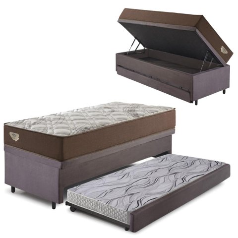 Bicama Box Baú Viúva com Suede Cinza 120x203 com Colchão Relax Adorabile Molas Ensacadas Ecoflex