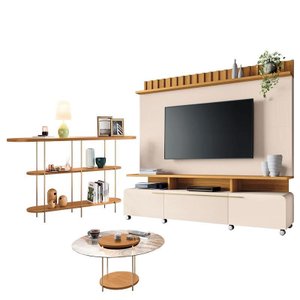 Estante Home Theater Artís Off White Cinamomo e Aparador Infinity e Mesa de Centro Sky com tampo de 