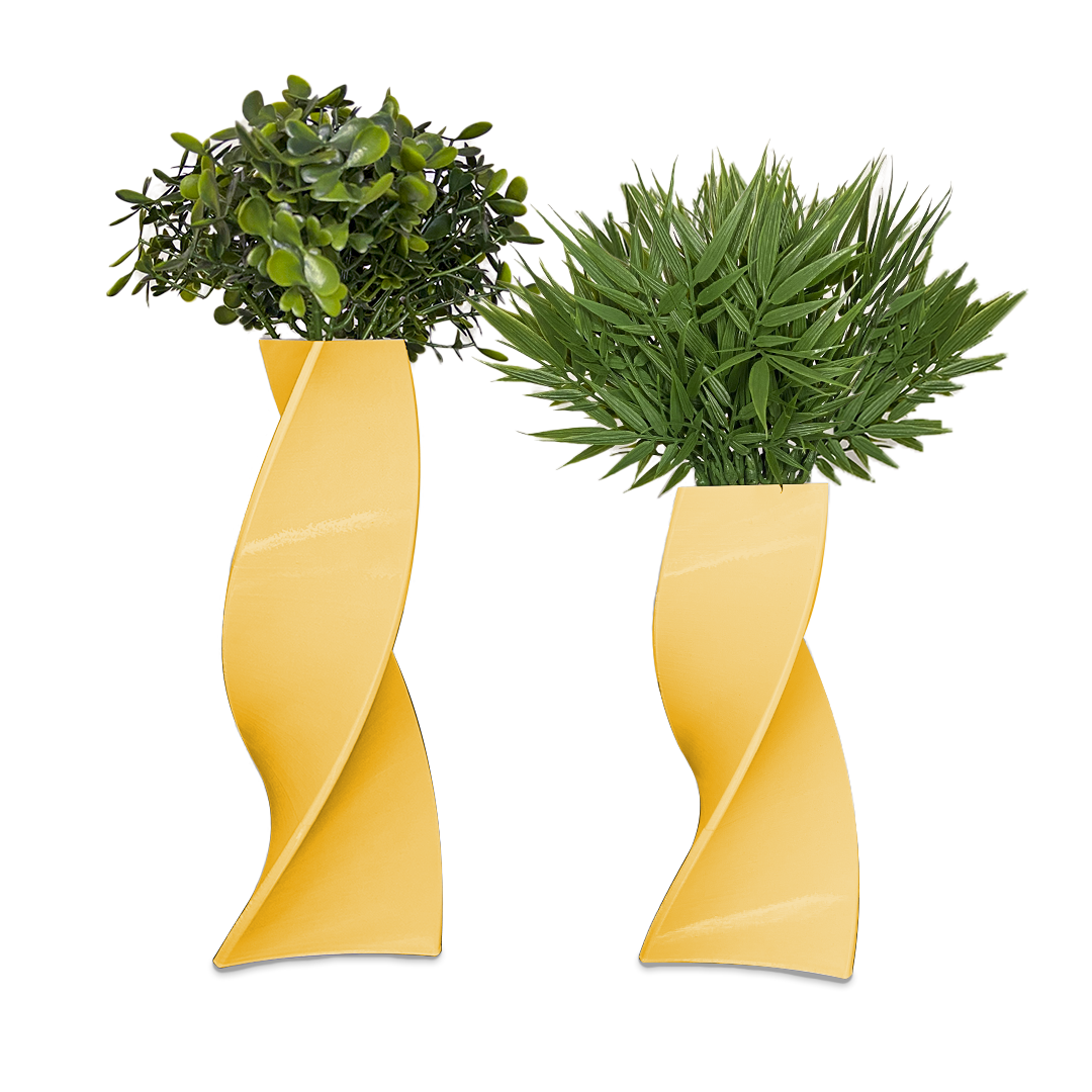 Kit 2 Vasos Decorativos Twisted 3D Plástico Para Flores Artificiais - Amarelo