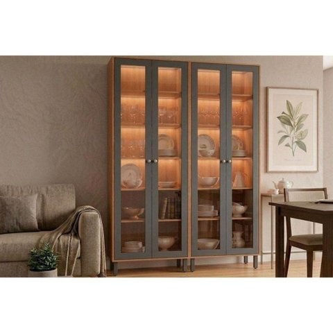 Cristaleira Celeste LED Reflecta 4 Portas 6 Prateleiras MDF com Iluminação Titânio MGM
