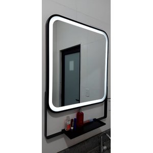 Espelho Led 3 Cor 60cm Pontas Arredondadas com Moldura Prateleira Metalon Preta
