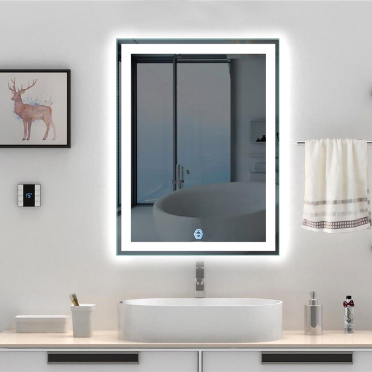 Espelho Retangular Iluminação Luz Frio Led 60 X 80cm Estrutura Aluminio Banheiro Faixa Frontal Retan - 1
