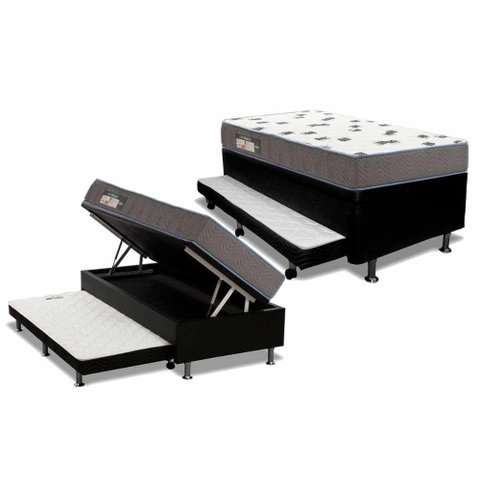 Cama Box Baú c/Auxiliar Solteiro: Colchão Espuma Ortobom D33 Light Saúde + Base CRC Courano Black