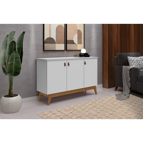 Buffet / Bancada / Balcão / Aparador Abs Estilo Retrô com Pés em Madeira 3 Portas Puxadores em Couro