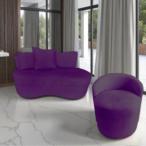 Kit Namoradeira + Poltrona Yara Orgânica Veludo Roxo