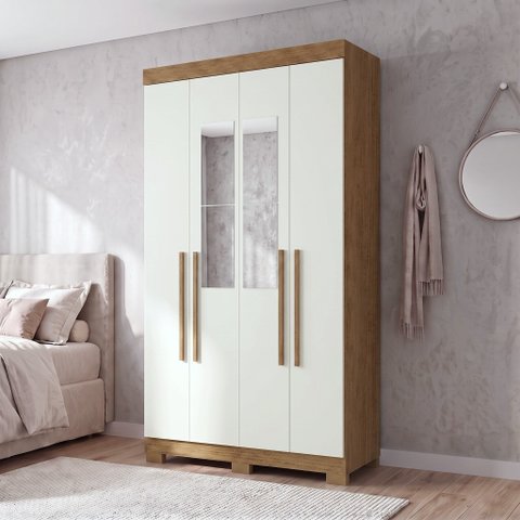 Guarda-Roupa Solteiro 4 Portas, 2 Gavetas, Pés e Espelho Noronha Cinamomo/Off White