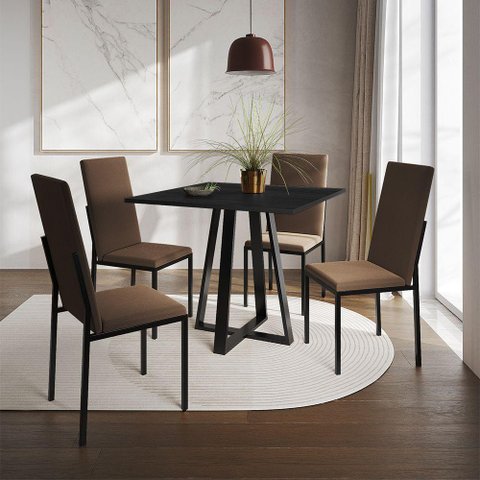 Conjunto de Jantar Mesa Mônaco Premium 90cm Preta com 4 Cadeiras Estofadas Marrom - Cor: Preto
