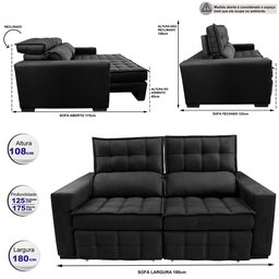 Sofá Retrátil e Reclinável 1,80M Molas Ensacadas e Costura Tripla Cama Inbox Nobre Suede Preto - 2