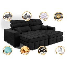Sofá Retrátil e Reclinável 1,80M Molas Ensacadas e Costura Tripla Cama Inbox Nobre Suede Preto - 3