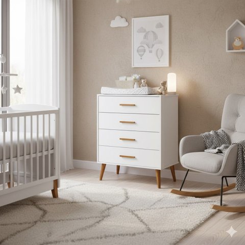 Comoda Gaveteiro Infantil Isis 4 Gavetas Branco Fosco Pés Retrô P/ Quarto do Bebê  - Reller