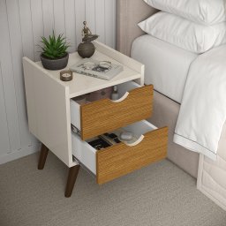Mesa de Cabeceira Juma 2 Gavetas Estilo Retro - Off White/gaveta Freijó - 2
