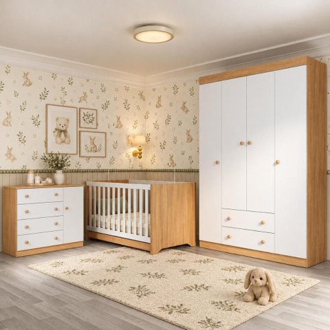Quarto de Bebê Completo com Berço Americano 3 em 1/Guarda-Roupa/Cômoda Flor Multimóveis MP4940