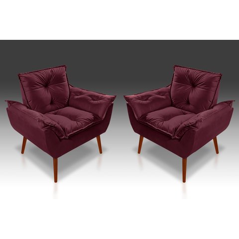 Kit 02 Poltrona Decorativa Opala Suede Bordô - Pandora Decor