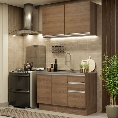 Cozinha Compacta Madesa Glamy 120003 com Armário e Balcão (Sem Tampo e Pia) Rustic Cor:Rustic