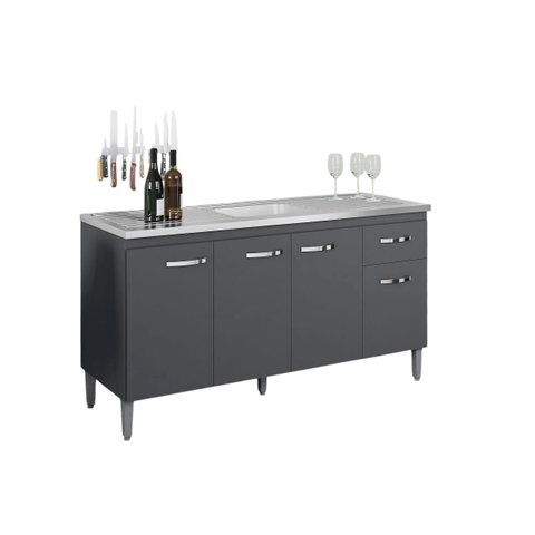 Balcão de Pia Cozinha 4 Portas Gabriela 150 Cm Cinza sem Tampo Ajl Móveis