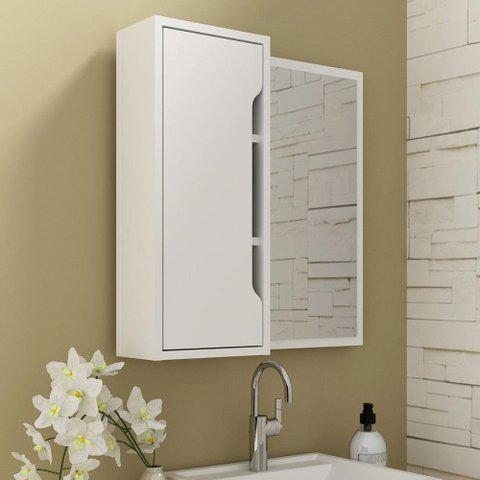 Espelheira para Banheiro com Espelho e Porta Usinada 60cm Cor:mármore Branco