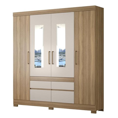 Guarda Roupa Casal 4 Portas Bilbao Amêndola Off White com Espelho - Demóbile