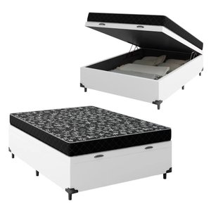 Cama Box Baú Viúva 128 Tecido Sintético Branco com Colchão Espuma D20 - Tampo Preto Bello