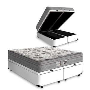 Cama Box Baú King 193 Bipartido Tecido Sintético Branco Com Colchão de Molas Ensacadas Evolution - P