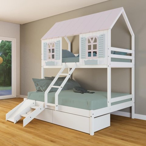 Beliche Casal/ Solteiro Casinha Bela 02 Gavetas Kit Escada/escorregador - Madeira Maciça Branco/