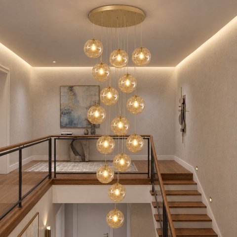 Pendente Moderno Glass 60cm 15 Vidros Âmbar 20cm Pé Direto Duplo