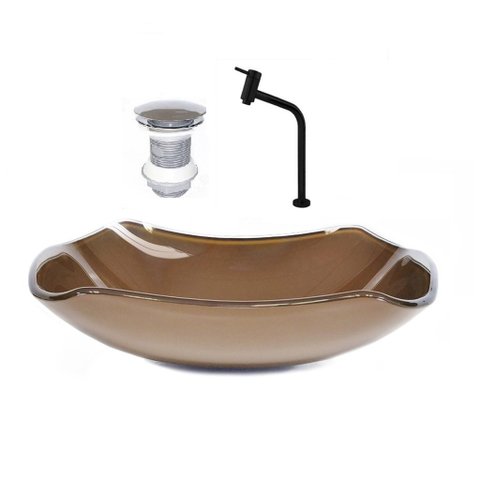 CUBA DE VIDRO ABAULADA 45CM MARROM + VALVULA + TORNEIRA PRETA