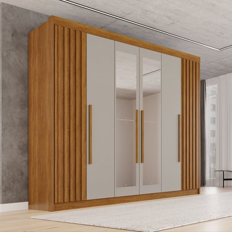 Guarda-Roupa Casal com Espelho 100% MDF 6 Portas 6 Gavetas Granada Premium Marrom/Cinamomo/Off-White