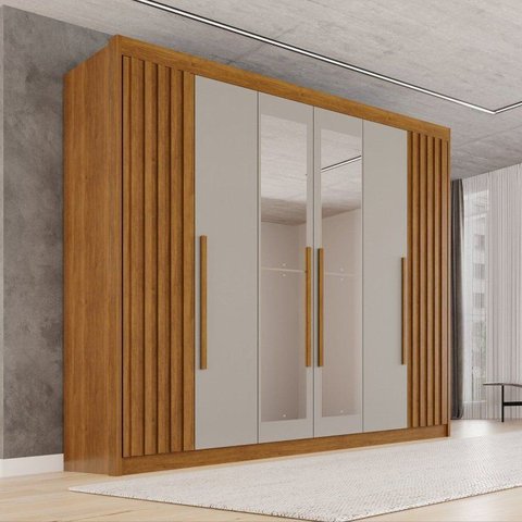 Guarda-Roupa Casal com Espelho 100% MDF 6 Portas 6 Gavetas Granada Premium Marrom/Cinamomo/Off-White