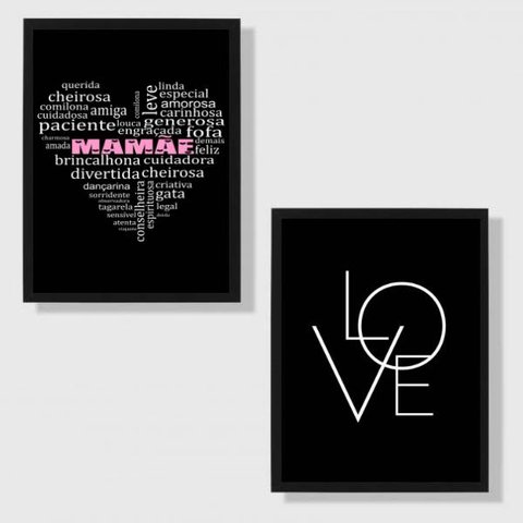Kit 2 Quadros Mamãe Qualidades - Love 24x18cm - com vidro:Madeira branca