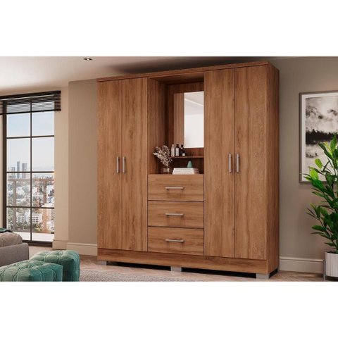 Guarda Roupa Solteiro 4 Portas e 3 Gavetas C/ Espelho Roma 1181 C/ Pés Freijo - Carraro