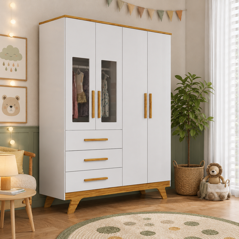 Guarda Roupa Infantil Retrô Peroba 4 Portas Branco Amêndoa