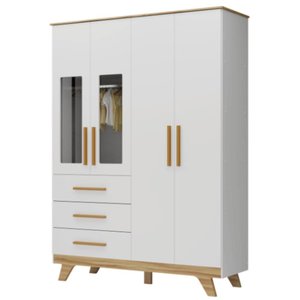 Guarda Roupa Infantil Retrô Peroba 4 Portas Branco Amêndoa