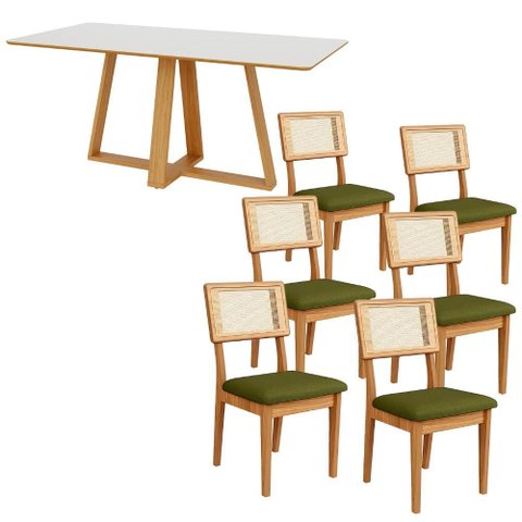 Mesa Jantar 180cm Retangular com 6 Cadeiras Dalla Costa Mdf Cor:off White com Freijó e Verde;cor da