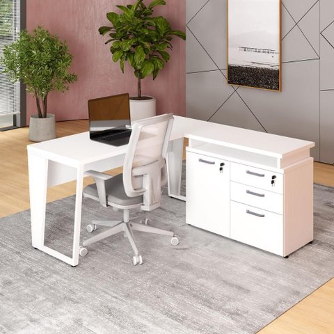 Mesa L Escritório 1,5m Pé Metal Armário 3 Gavetas 1 Porta F5 Cor:branco