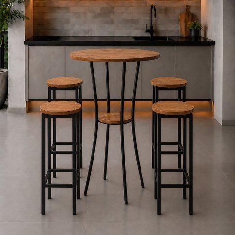 Conjunto Mesa Alta Bistrô Porto com 4 Banquetas Alta Kassel Cor Louro Freijó - Kmj