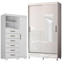 Ver imagem 1 de Guarda Roupa Solteiro 2 Portas de Correr com Espelho e Pés e Cômoda Marabá com Pés Branco Brilho
