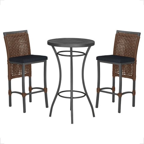 Mesa Bistro e 2 Banquetas Roma Preta Corda Náutica 12 Trama Original