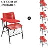 Kit 05 Cadeiras Universitárias com Porta Livros Cor Vermelho Prancheta Plástica - 1