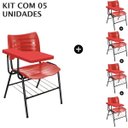 Ver imagem 1 de Kit 05 Cadeiras Universitárias com Porta Livros Cor Vermelho Prancheta Plástica