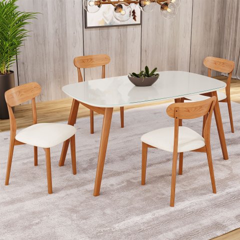 Conjunto Sala de Jantar Mesa 135x80cm Tampo em MDF com Vidro 4 Cadeiras Ceci Yescasa Marrom/Off Whit