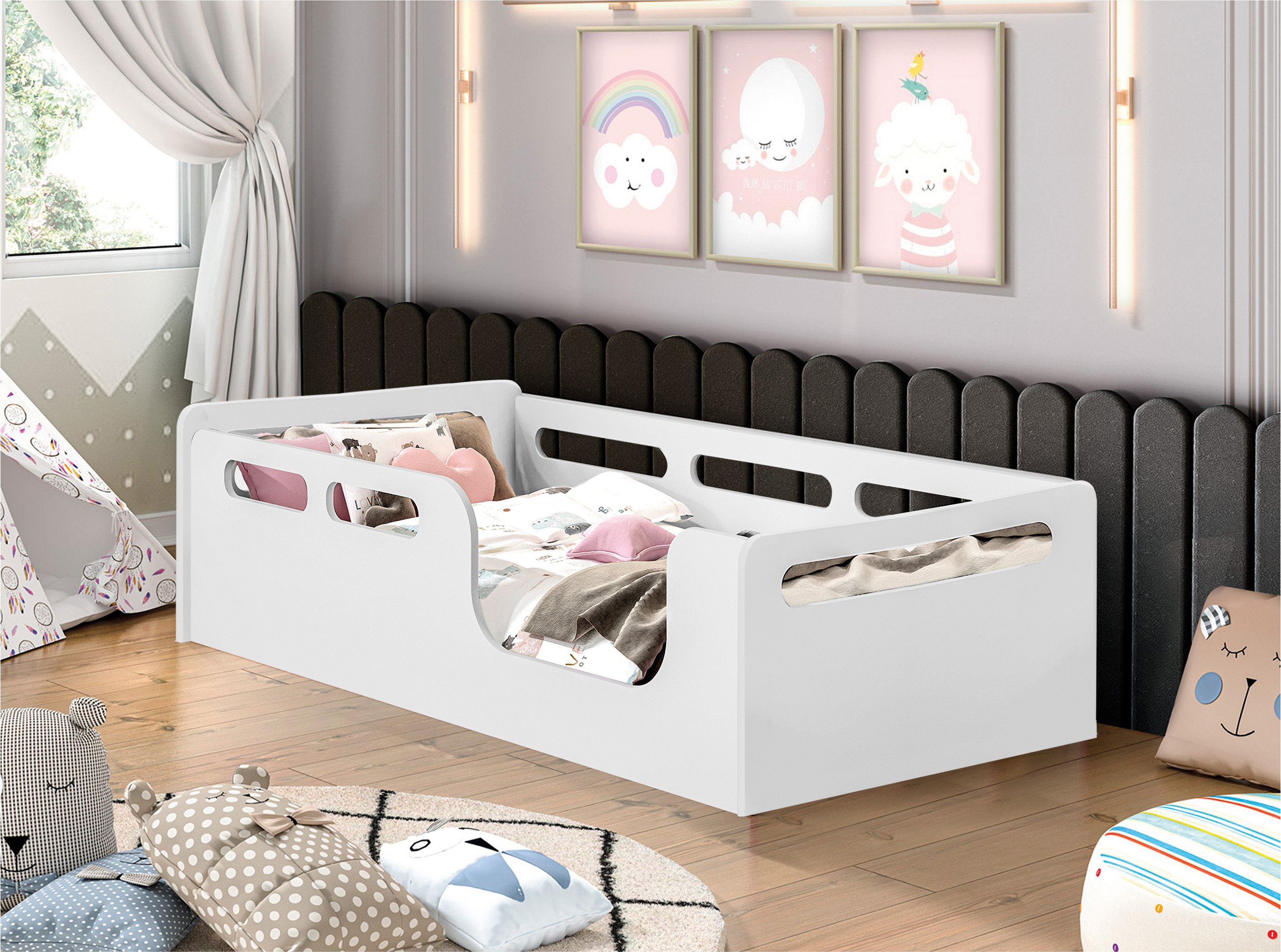 Cama Montessoriana Solteiro Infantil Branca Moderna em Mdf - Branco - 3