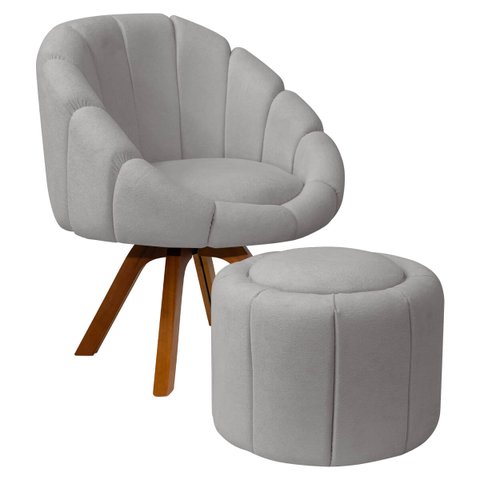 Kit Poltrona Decorativa Orgânica Flora Base Giratória com Puff Bouclê - Sofa Store:bouclê Cinza Clar