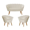 Ver imagem 1 de Kit Namoradeira + 2 Poltronas Decorativa Pétala Suede Bege Pés Madeira Mz Decor