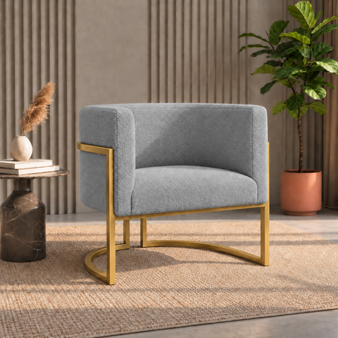 Poltrona Decorativa Luna Bouclé Premium para Sala Escritório Recepção Base Circular em Ferro Madeira