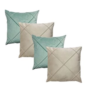 Kit 4 Capas de Almofada Veludo Drapeada Quadrada Bege e Verde Menta
