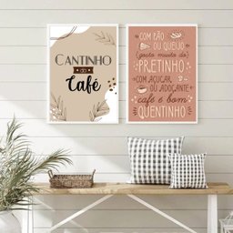 Kit 2 Quadros Cantinho do Café Quentinho 45x34cm - com Vidro:moldura Branca - 2