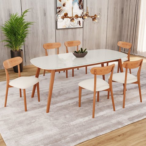 Conjunto Sala de Jantar Mesa 180x80cm Tampo em MDF com Vidro 6 Cadeiras Ceci Yescasa Marrom/Off Whit