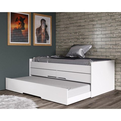 Cama Bicama Solteiro Juliette com Auxiliar e Gavetas Branco
