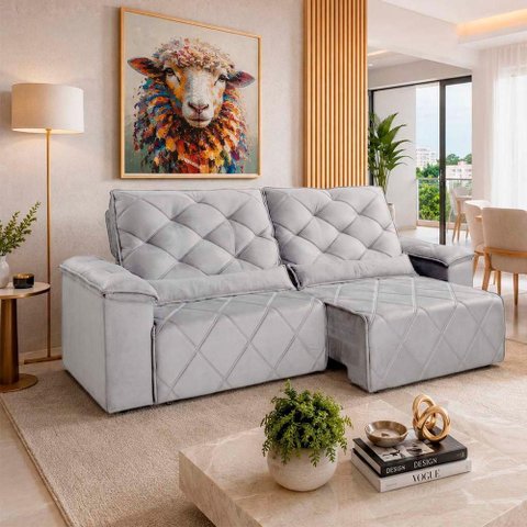 Sofá com Chaise Sirius 2 Lugares Retrátil e Reclinável 290cm Cinza