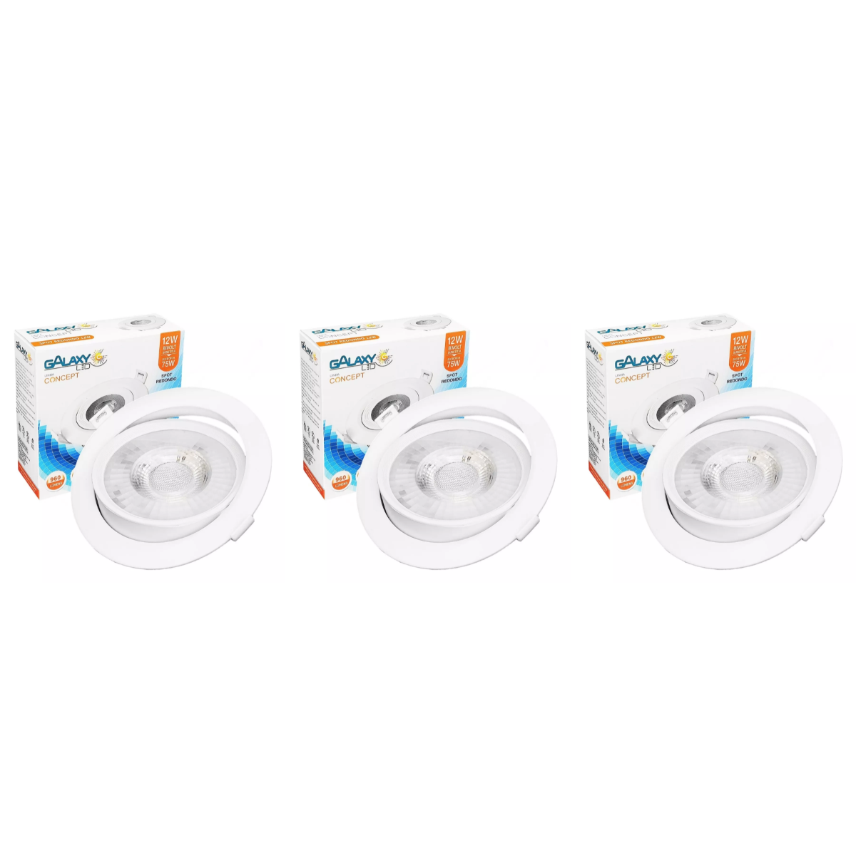 Kit 03 Spot Embutir Branco Galaxy Redondo 3000k 12w 13x13cm - 1